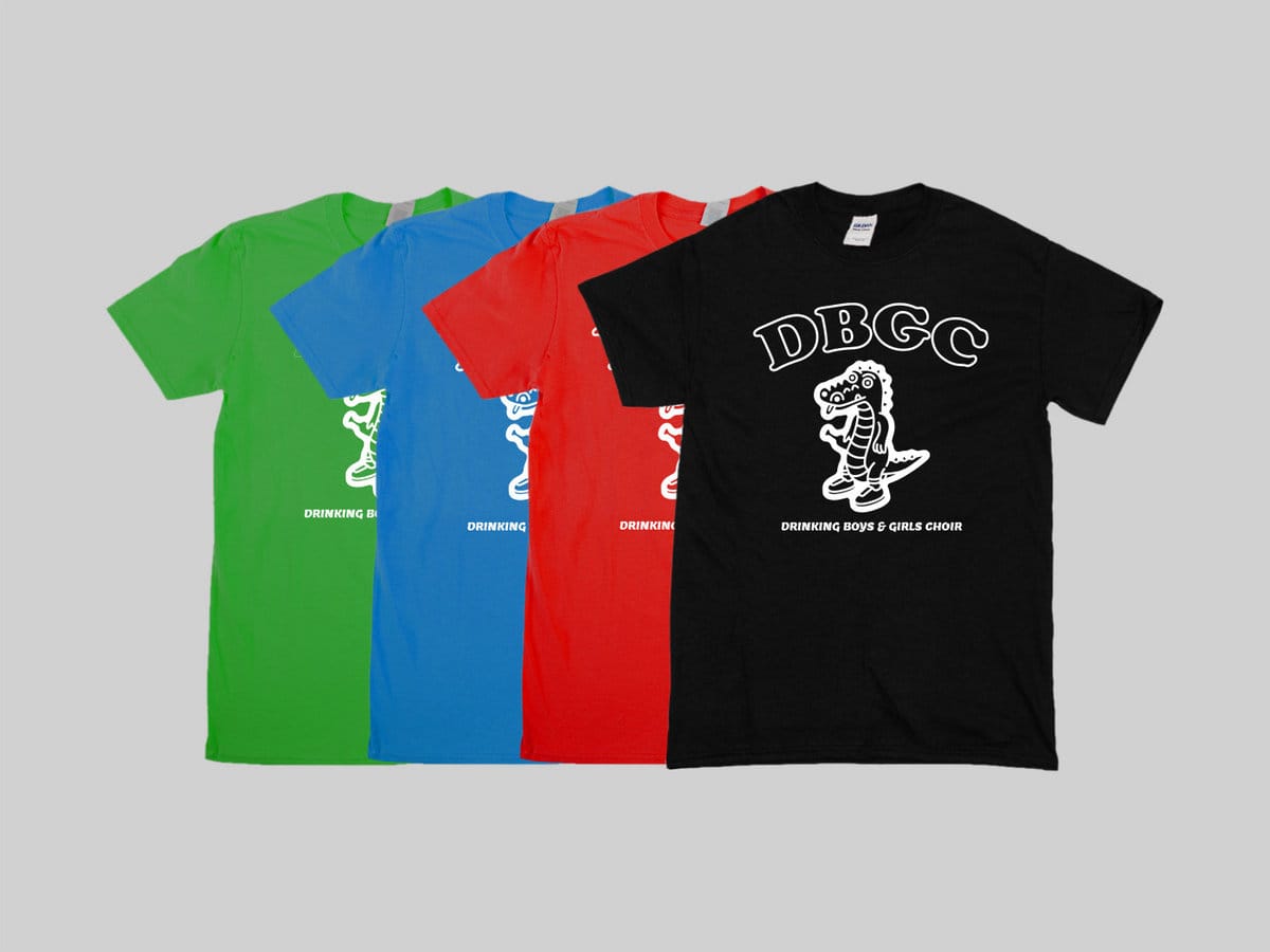 4 DBGC logo t-shirts, green, blue, red, and black. The logo features a cartoon reptile smoking a cigarette and holding a bottle.