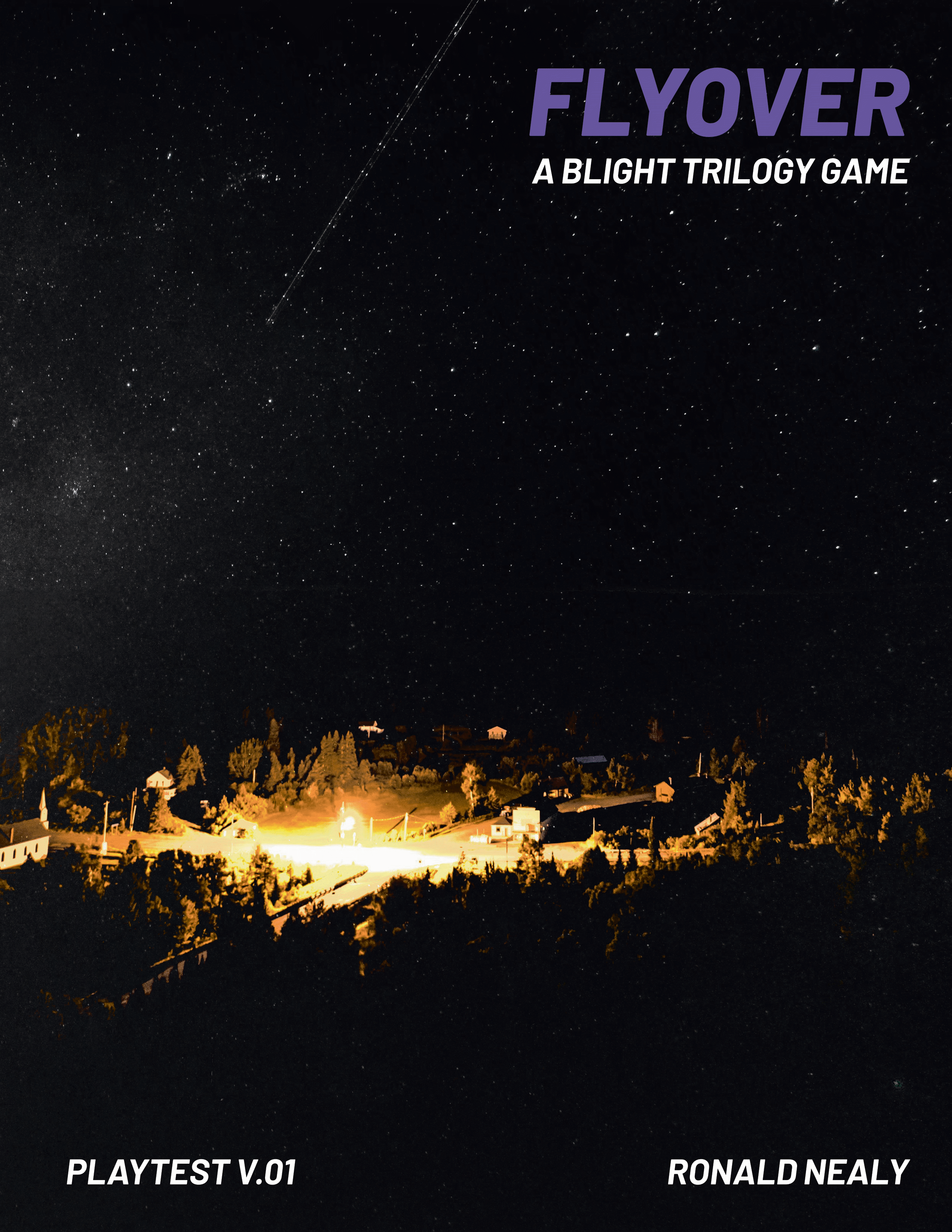 The cover for Flyover: A Blight Trilogy Game. An overhead shot of a small town bathed in harsh light, floating in space.