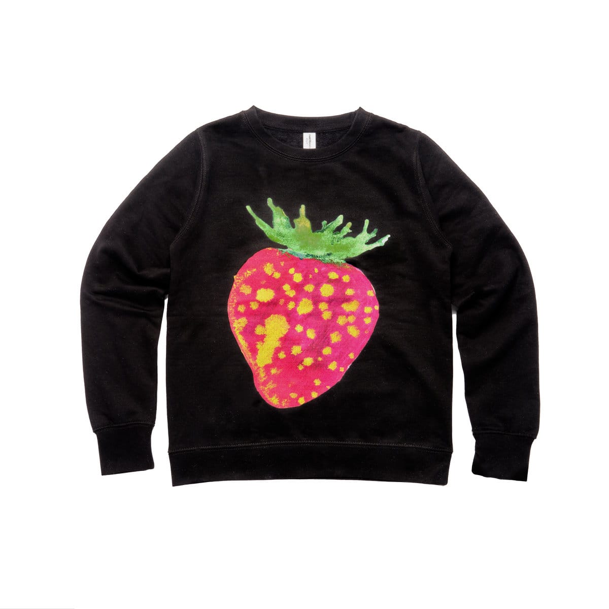 A black crew neck sweatshirt with a strawberry embroidered on the front, the logo for the album 