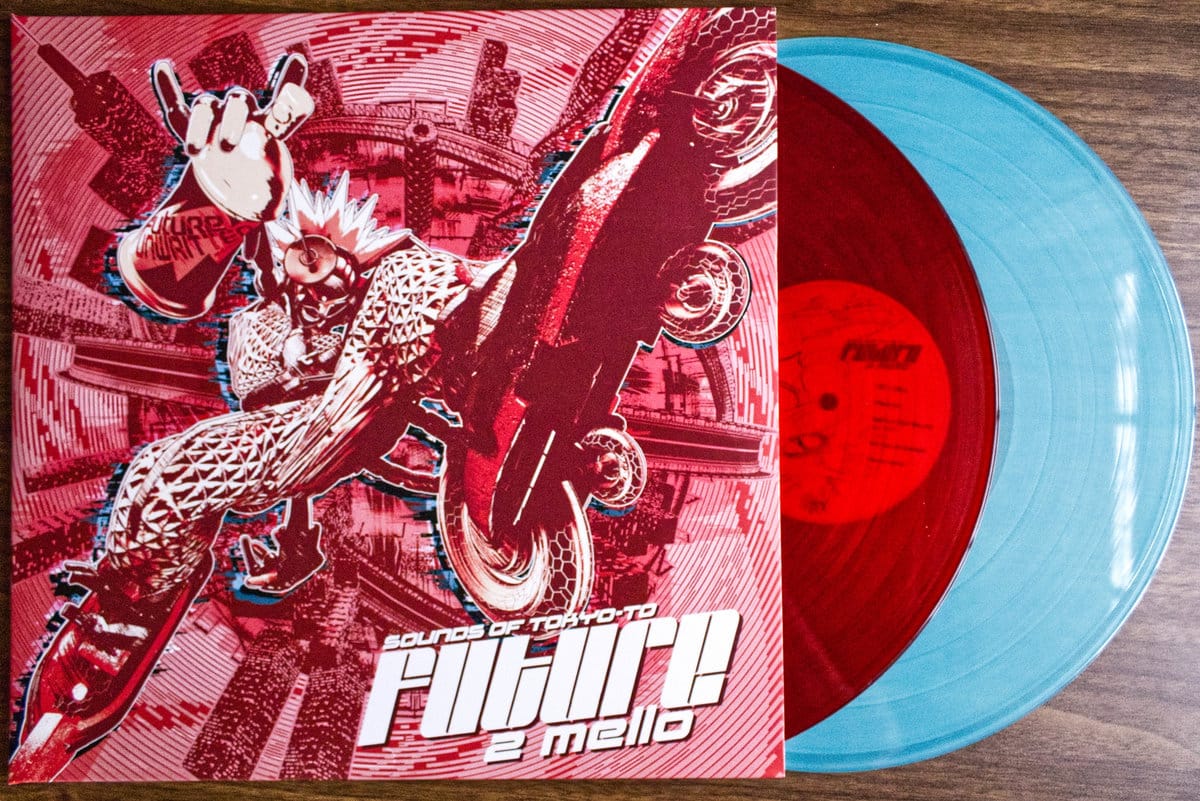 The album for 2 Mello's Sounds Of Tokyo-To Future, two pieces of translucent vinyl, one red, one blue