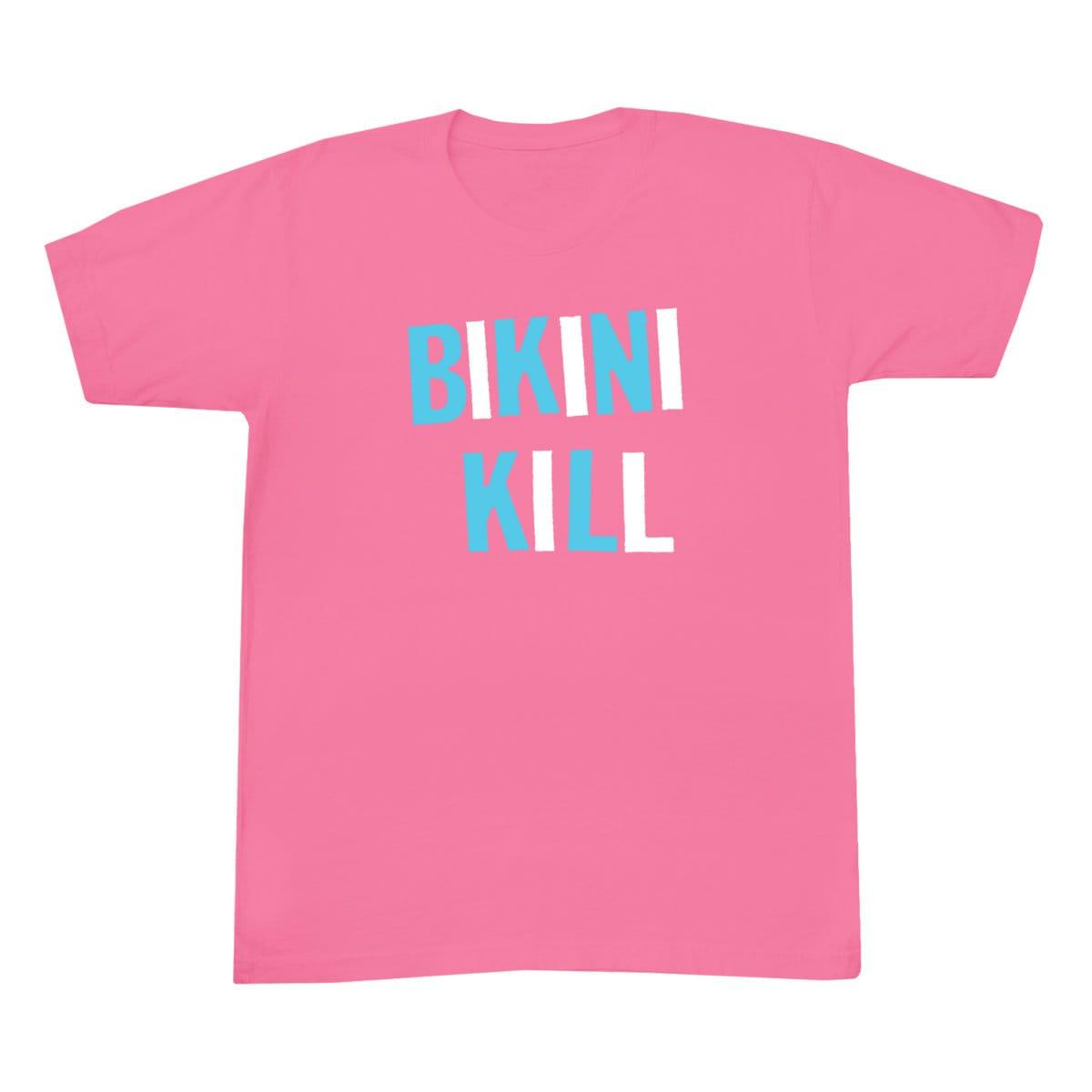 A pink t-shirt with "Bikini Kill" in block type, alternating blue and white letters.