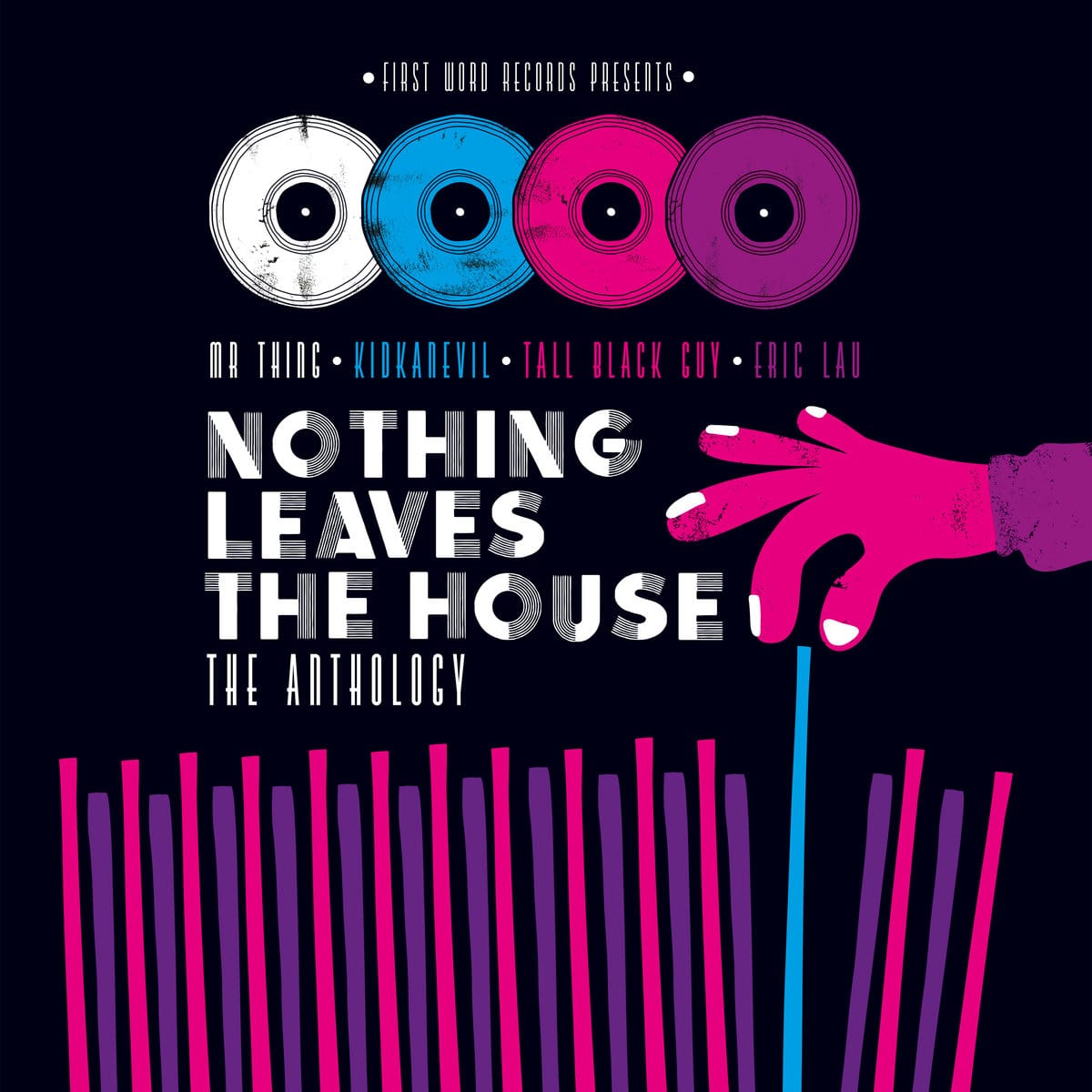 The cover for Nothing Leave The House: The Anthology, a cartoon hand picking through records