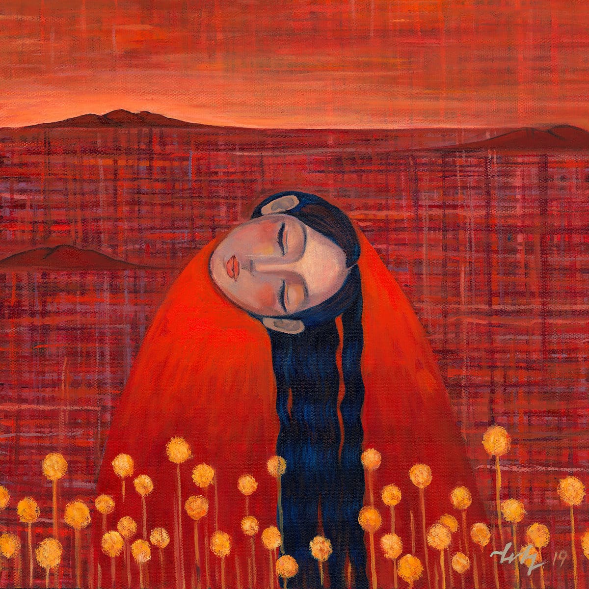 The cover for Amanda Whiting's The Liminality Of Her, a painting of a woman in front of a red desert landscape