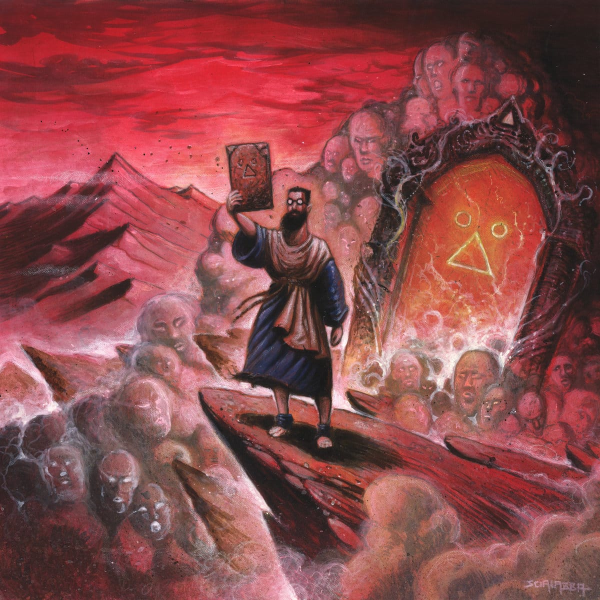 The cover for The Stone Tablet, with a painting of Brainorchestra in robes on a cliff, holding up a stone tablet