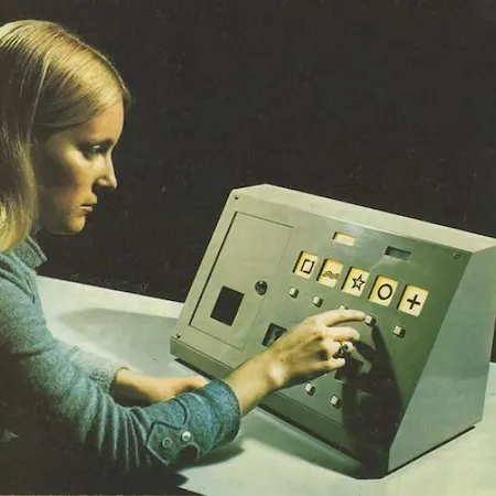 A woman in profile pressing buttons on an archaic machine, each button corresponding to a different symbol (square, waves, star, circle, plus)