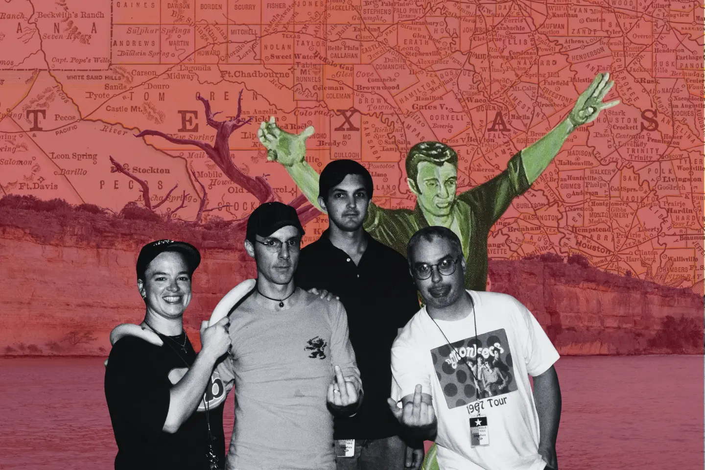 A photo of the Toadies (mid-90s lineup) with a photoshop of the map of Texas, the cover of Rubberneck, and Possum Kingdom Lake