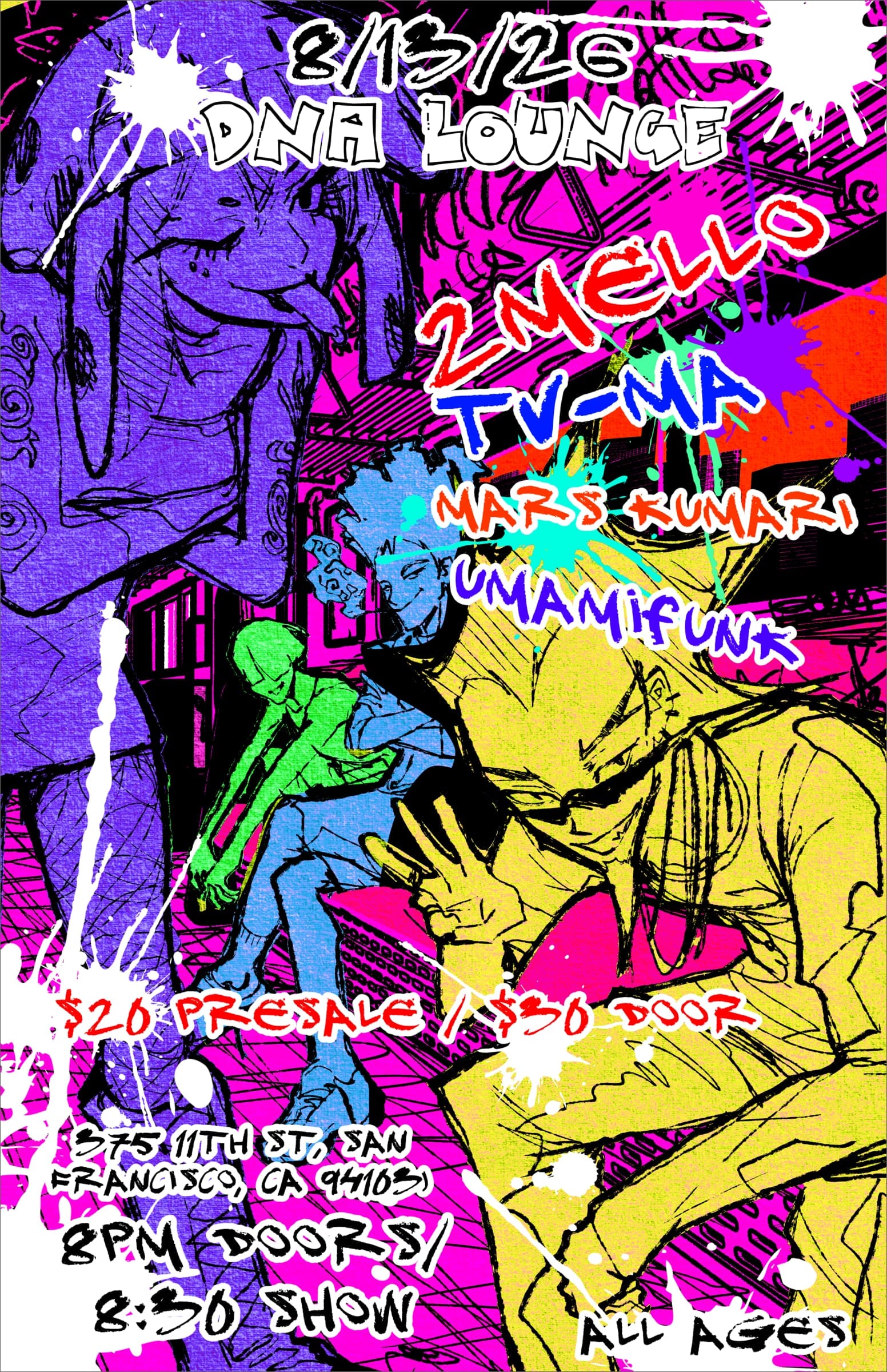 Flyer for a show at the DNA Lounge with cartoon stylized character looking toward the viewer.