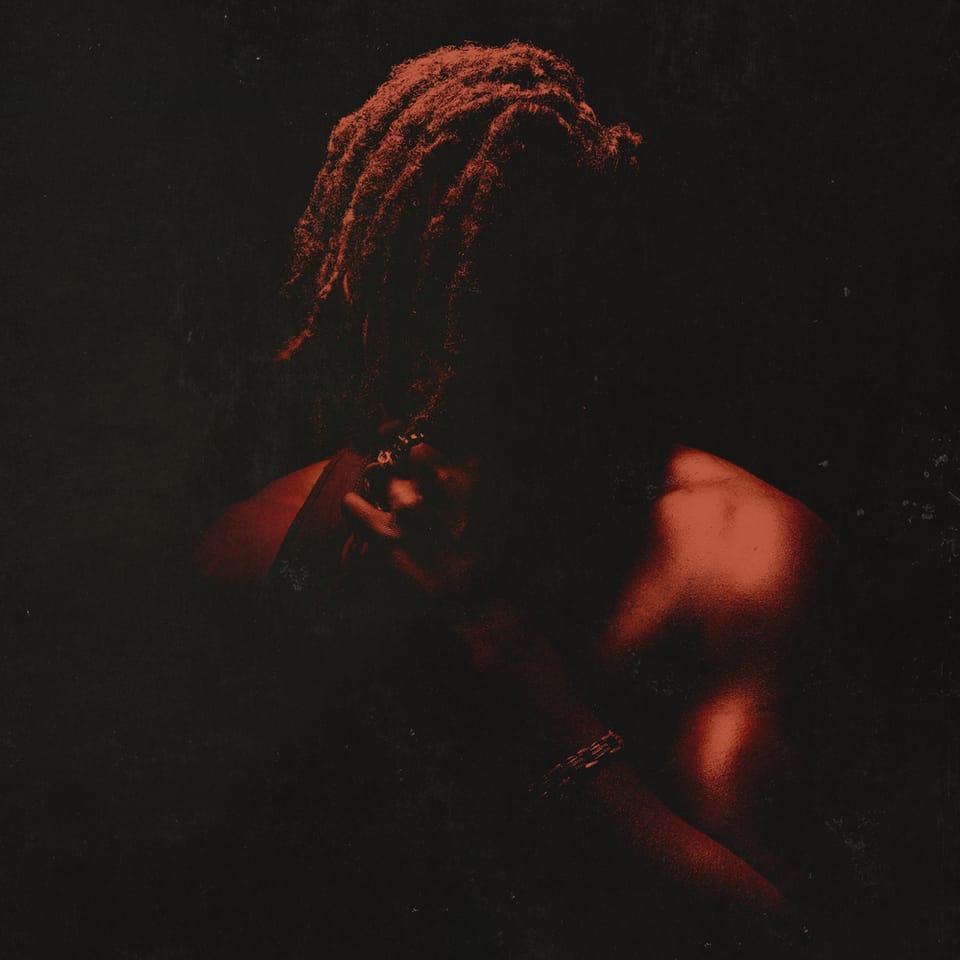 The cover of Flying Lotus' EP "Spirit Box". It features him in shadow, sparsely lit in red with his dreads covering his face.