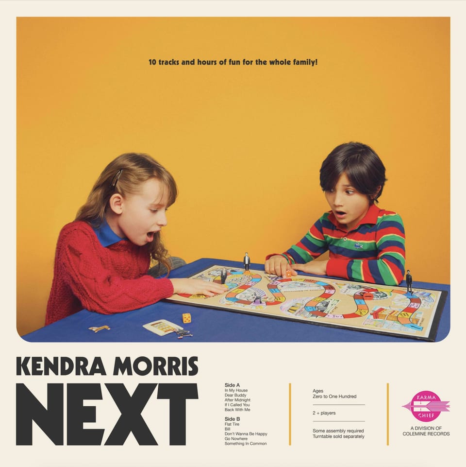The cover for Kendra Morris' NEXT. In the style of 70s/early 80s board game packaging, with a photo of two children looking with surprise and shock down at a game board.