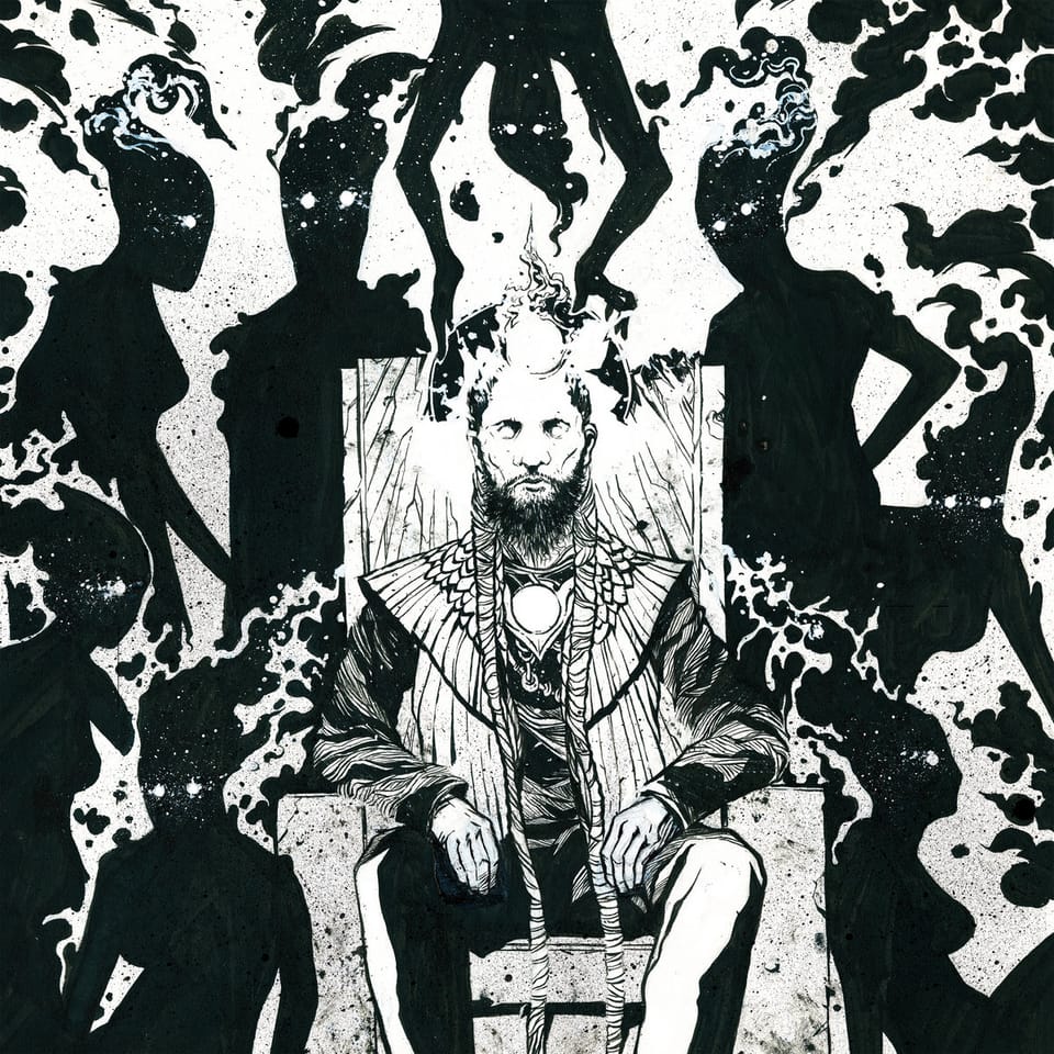 The cover of Curly Castro's 'Yaphet'. Black and white artwork of Curly Castro on a stone throne and a halo of celestial energy on around his head. He's surrounded by black apparitions.